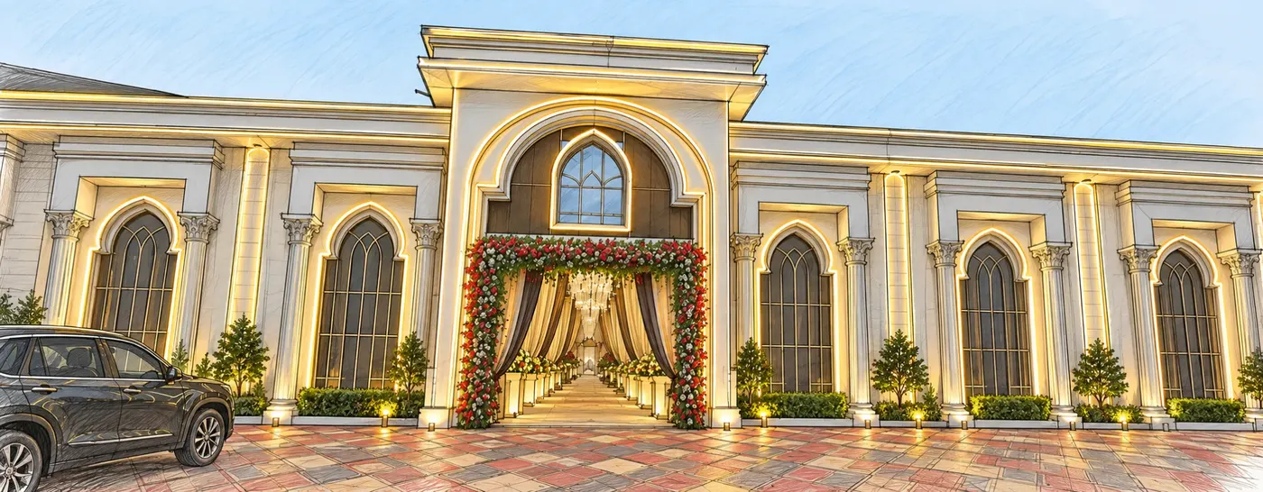 Drawing of Amara Lawns, its arched windows outlined in light and a flower arch at the entrance
